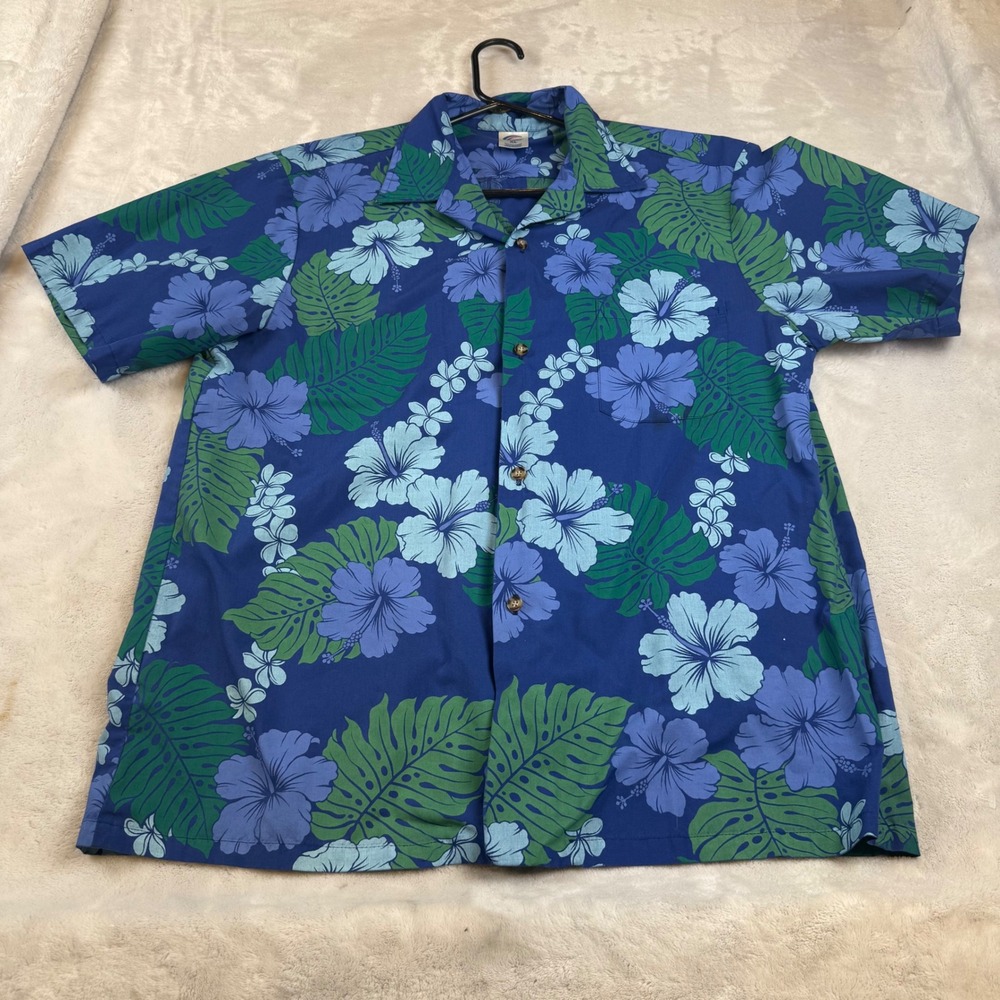 Rainbow Hawaii Mens XL Blue Green Hibiscus Monstera Aloha Shirt Made in Hawaii
